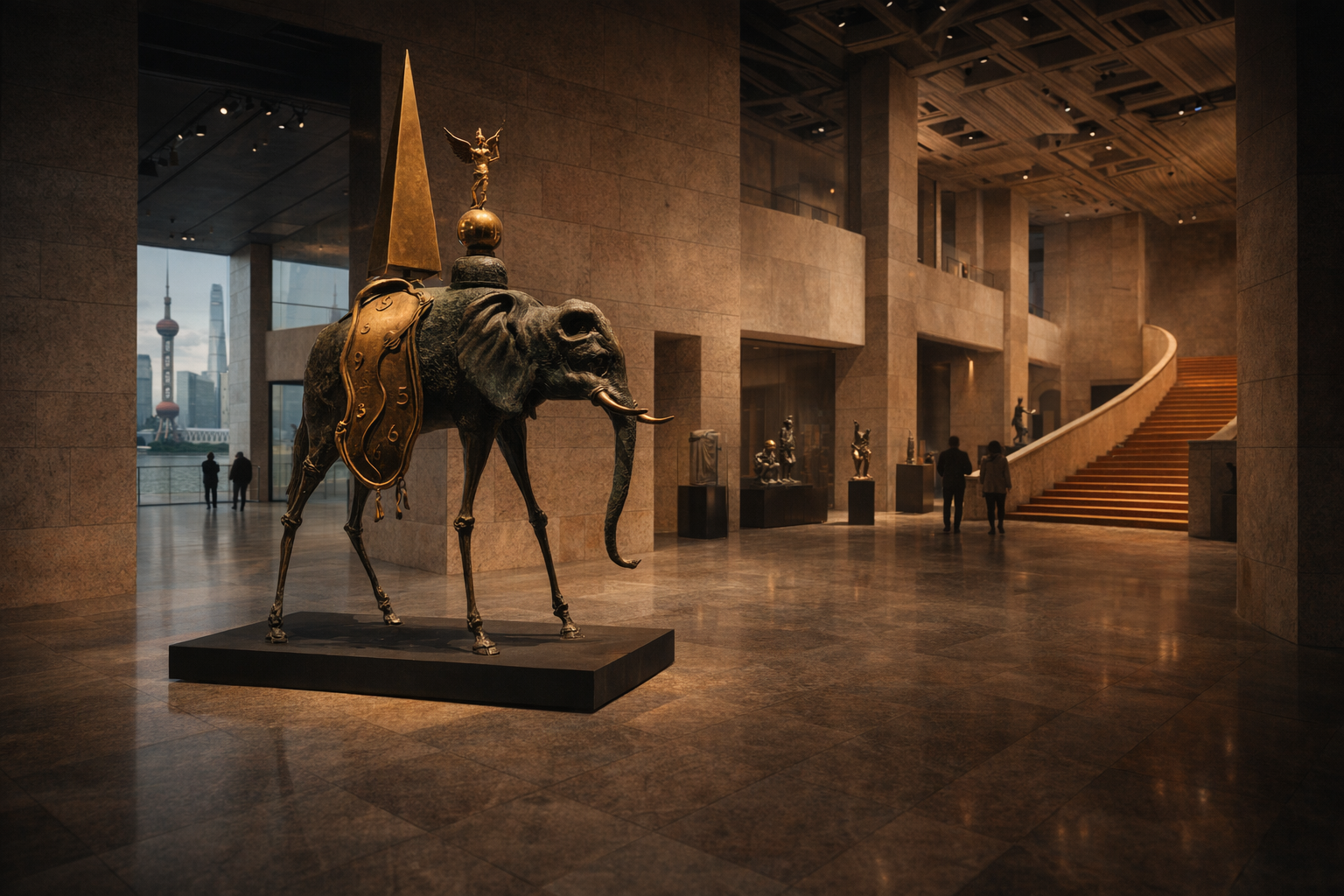 Exhibition hall with surreal bronze sculpture in a landmark Shanghai venue