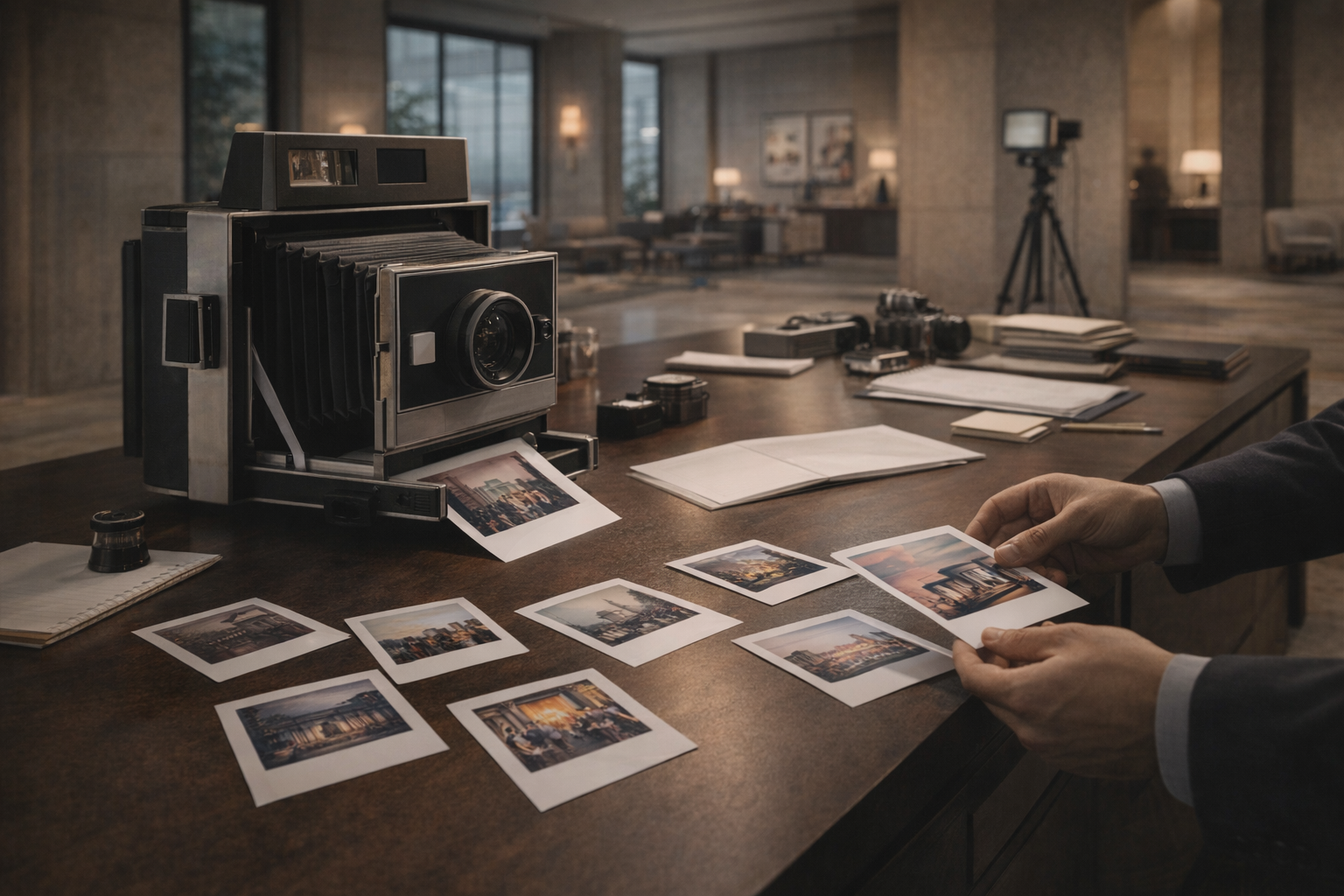 Large-format instant camera with prints arranged on a studio table