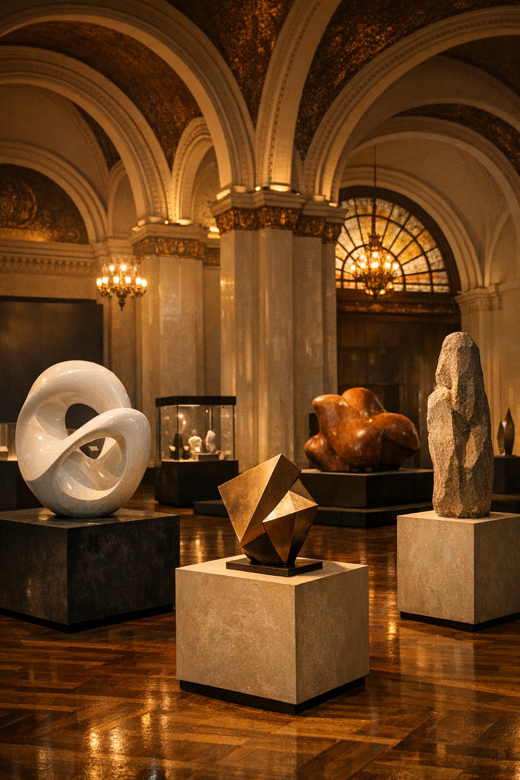 Landmark exhibition interior with sculptural objects and dramatic architecture