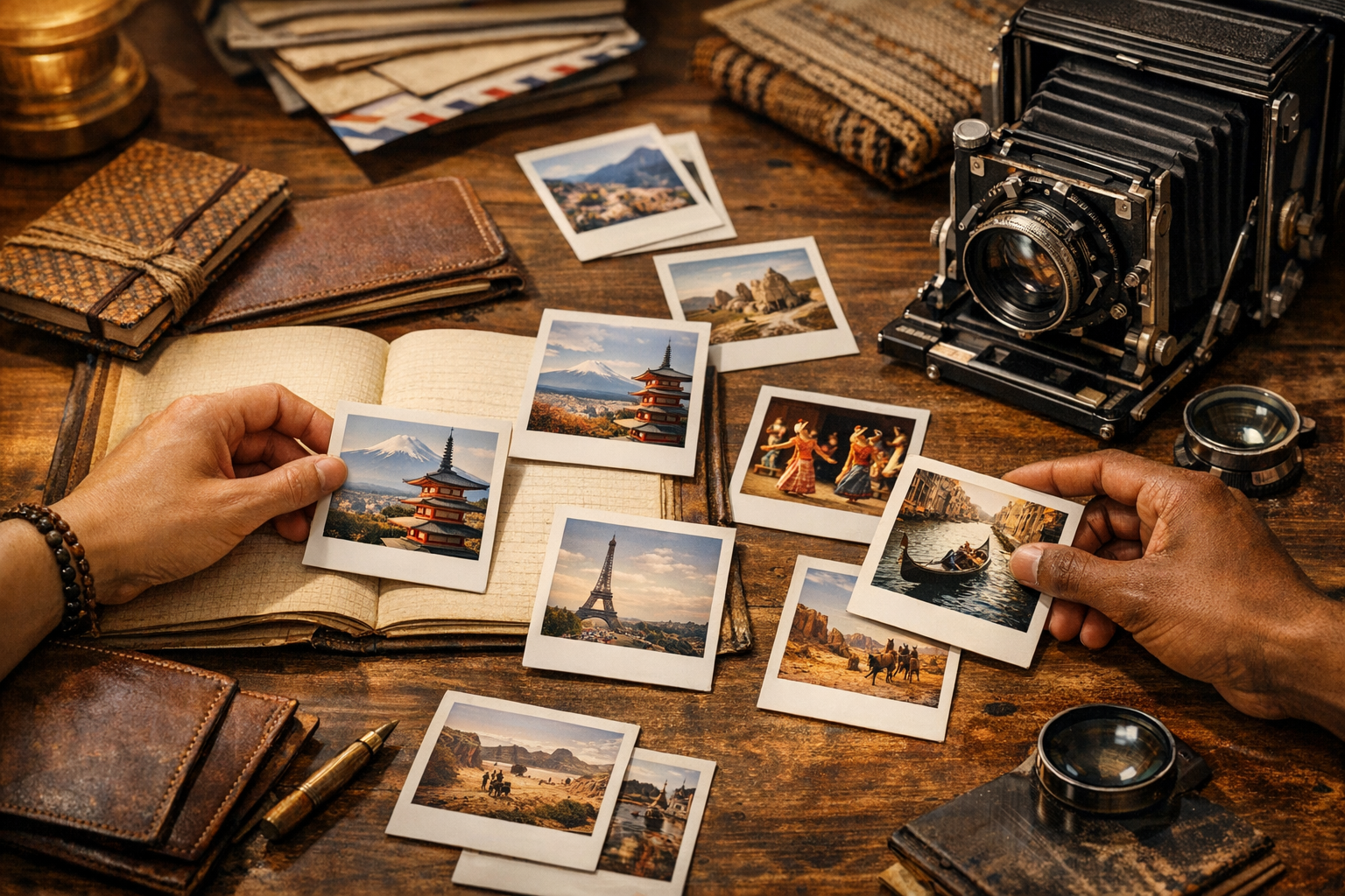 Hands arranging instant photographs and a large-format camera on a studio table