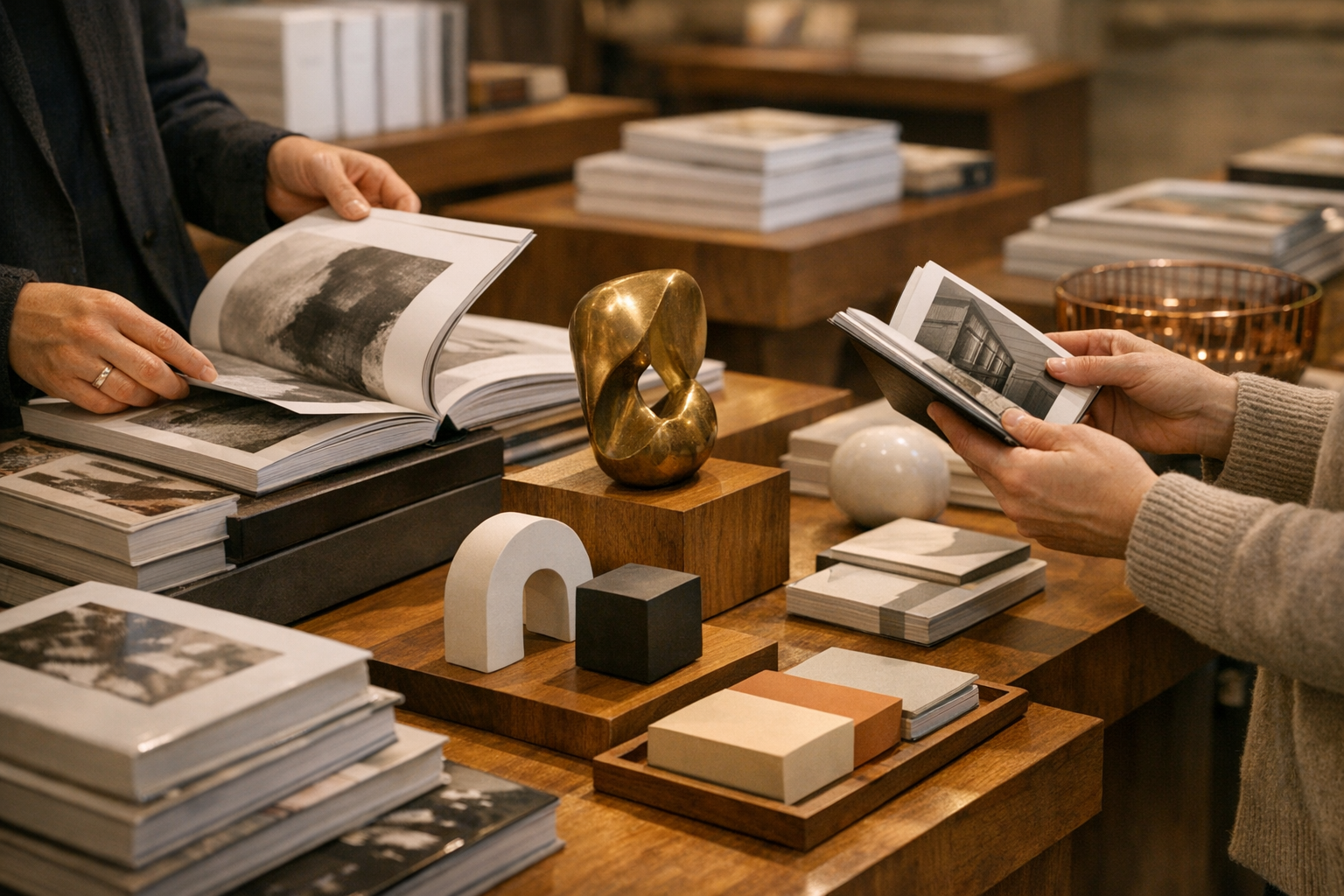 Hands browsing art books and design objects in a museum store