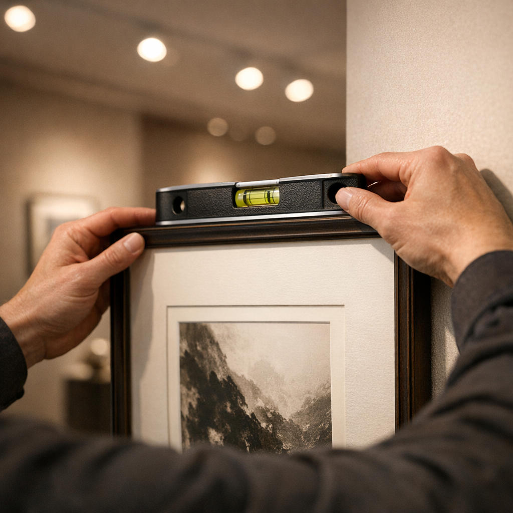 Hands aligning a framed artwork with a spirit level in a gallery